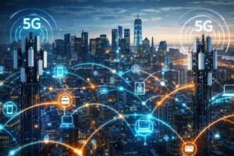 City with 5G towers and digital connectivity visualization