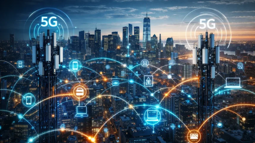 City with 5G towers and digital connectivity visualization