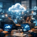 Cloud computing concept showing devices connected to digital cloud network