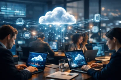 Cloud computing concept showing devices connected to digital cloud network