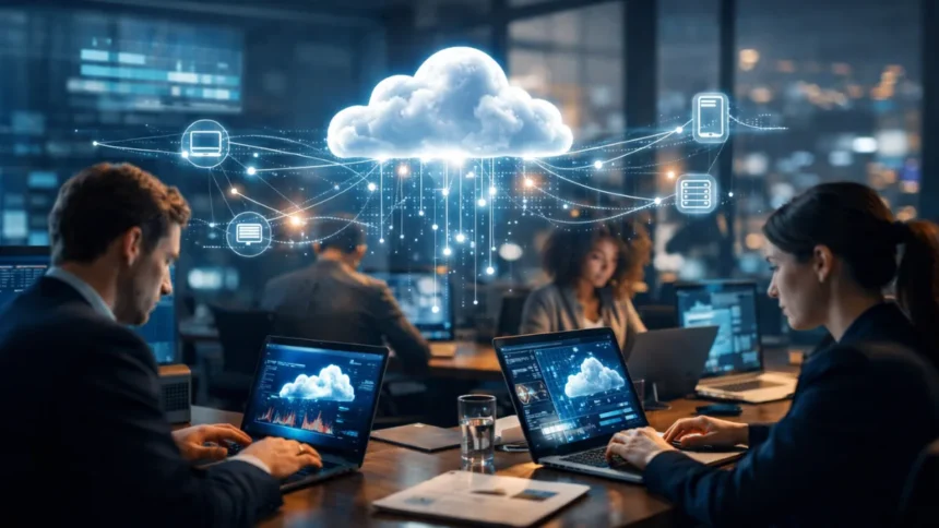 Cloud computing concept showing devices connected to digital cloud network