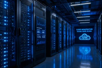 Cloud computing servers powering global data storage infrastructure