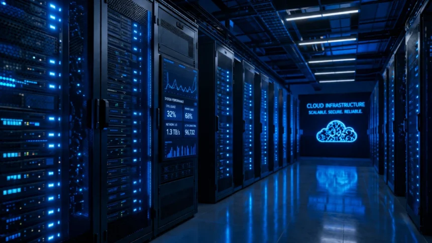 Cloud computing servers powering global data storage infrastructure