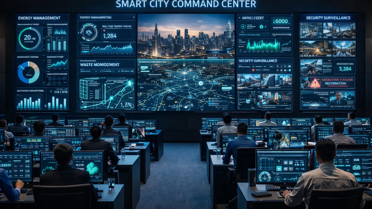 Command center illustrating how cities use tech for real-time urban management