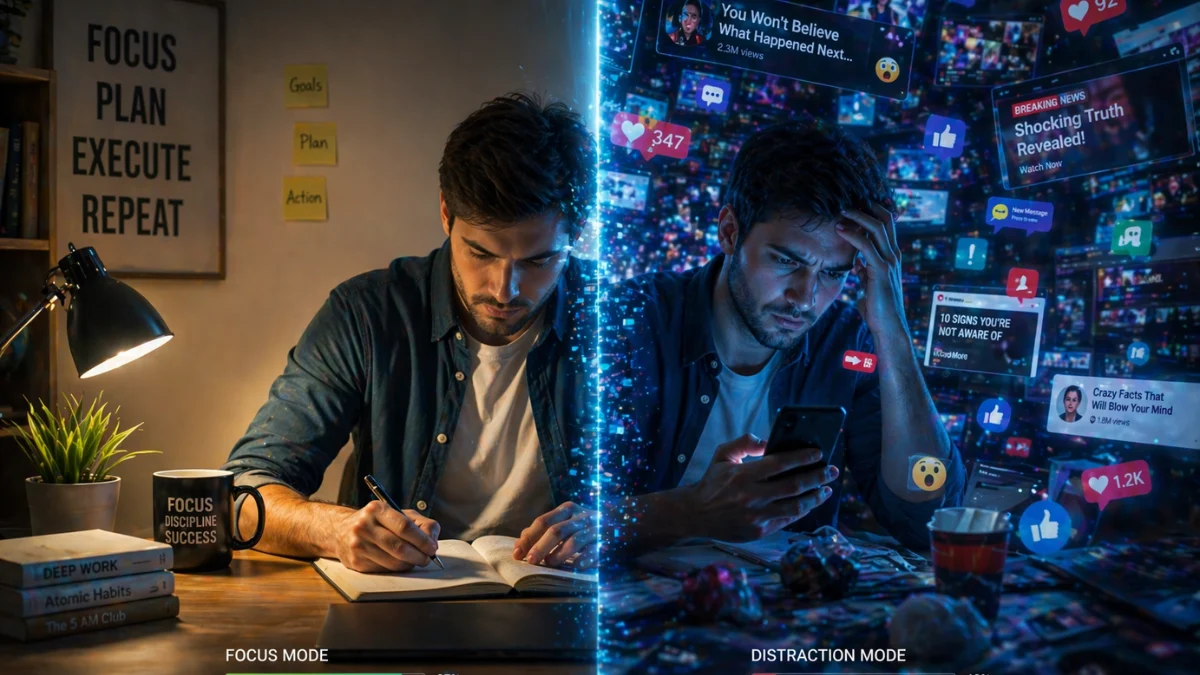 Comparison between focused work and online distraction illustrating rabbit hole behavior