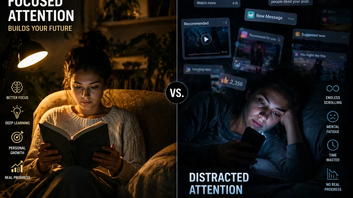 Comparison of focused reading vs distracted scrolling in attention economy context