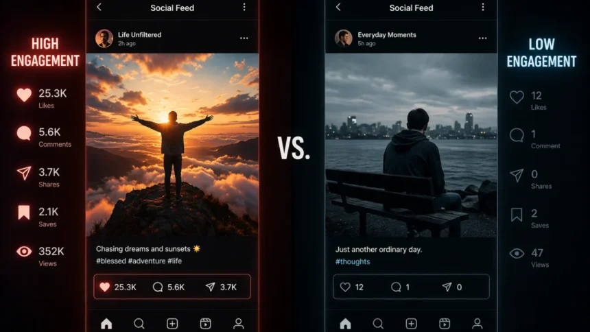 Comparison of high and low social media engagement illustrating Side Character Energy online