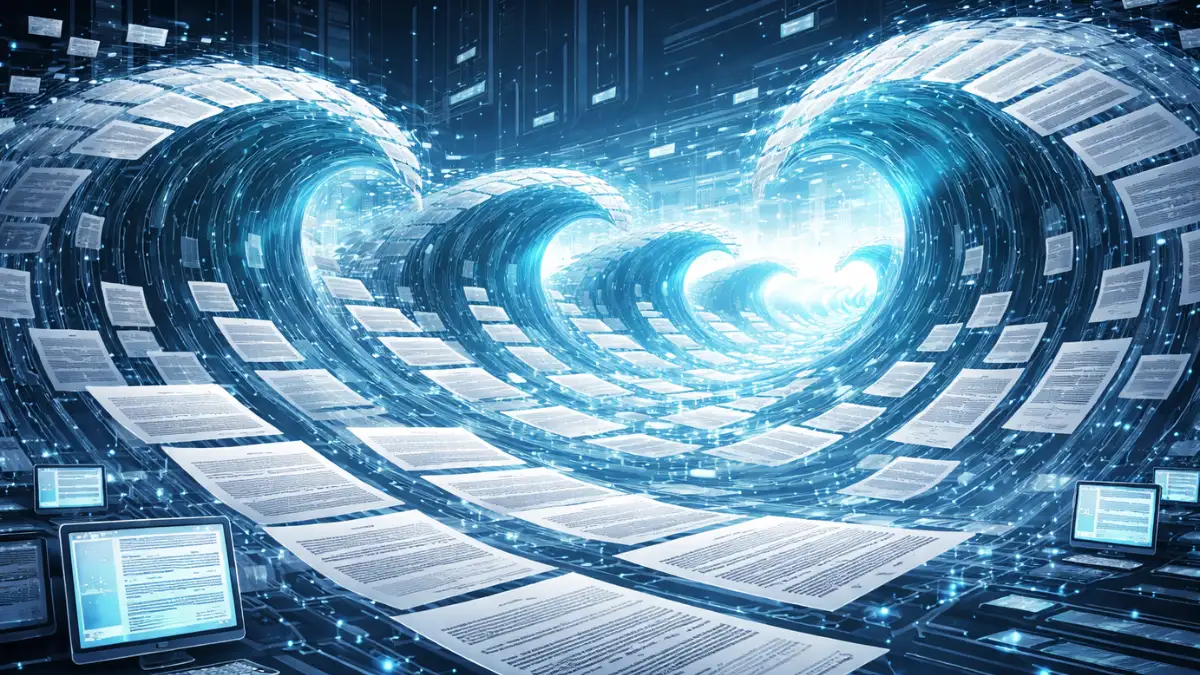 Conceptual visualization of AI slop flooding the internet with duplicate content