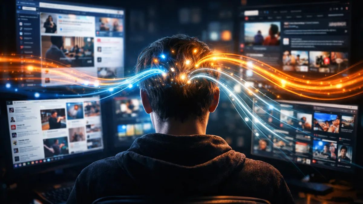 Content Brain visual showing human mind influenced by digital content streams