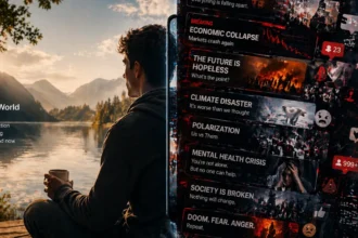 Contrast between real life and Doomposting-driven digital anxiety