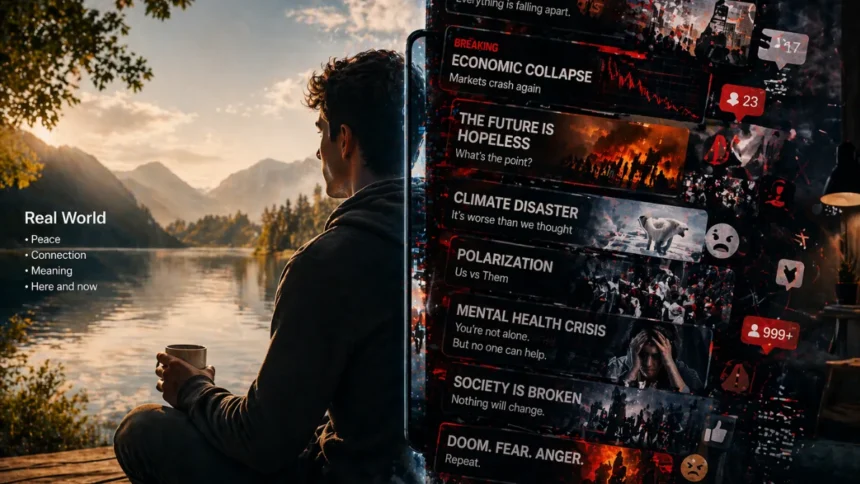 Contrast between real life and Doomposting-driven digital anxiety