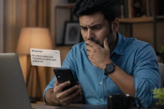 Cybersecurity & Safety alert showing hacked bank account notification on smartphone