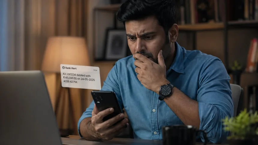 Cybersecurity & Safety alert showing hacked bank account notification on smartphone