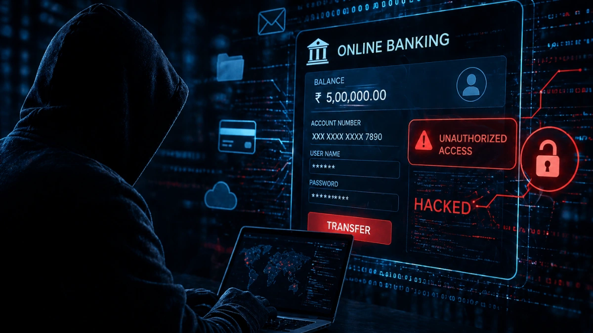 Cybersecurity & Safety concept showing hacker accessing bank account digitally