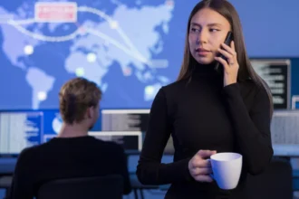 Cybersecurity professionals monitoring real-time digital threats in a modern office