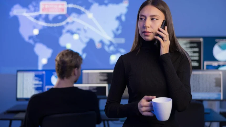 Cybersecurity professionals monitoring real-time digital threats in a modern office