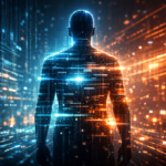 Digital figure in glowing data landscape