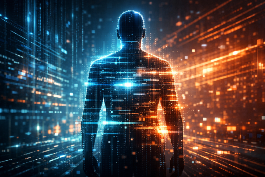Digital figure in glowing data landscape