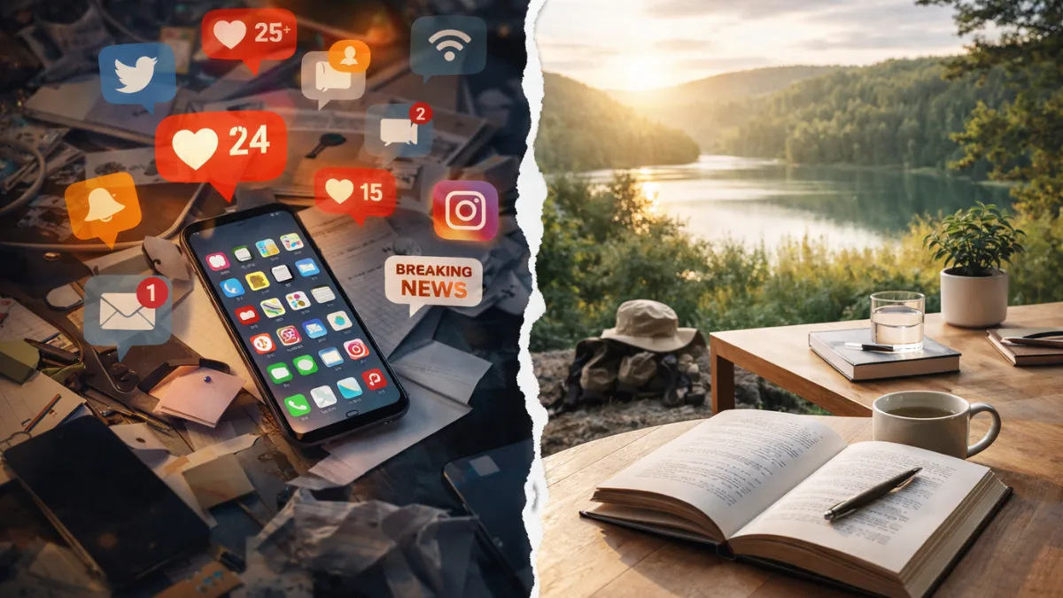 Digital minimalism comparison between cluttered online life and calm offline living