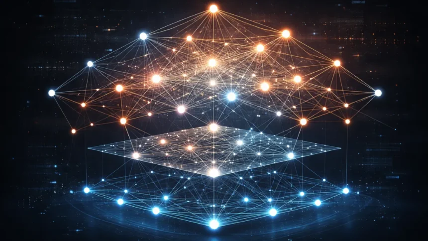 Digital neural network structure with connected nodes visualization