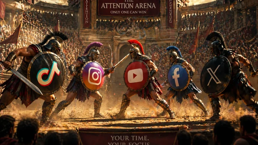 Digital platforms competing for user attention in conceptual illustration