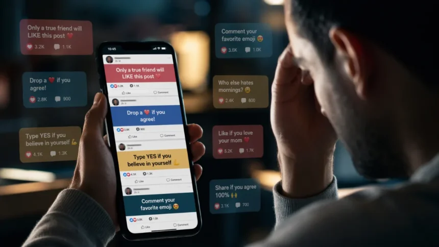Engagement Farming posts cluttering a social media feed on smartphone