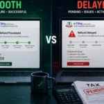 Finance & Banking system showing tax refund processing vs delay scenario
