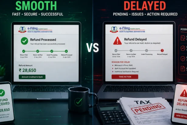 Finance & Banking system showing tax refund processing vs delay scenario