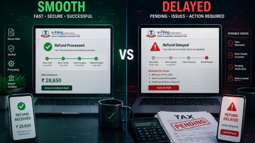 Finance & Banking system showing tax refund processing vs delay scenario