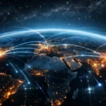 Global AI race visualization connecting major cities through digital intelligence networks