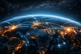 Global AI race visualization connecting major cities through digital intelligence networks