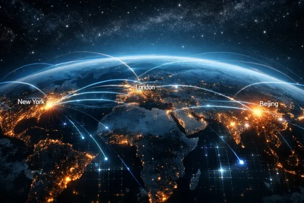 Global AI race visualization connecting major cities through digital intelligence networks