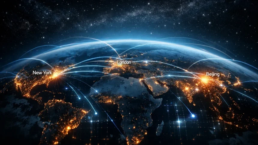 Global AI race visualization connecting major cities through digital intelligence networks