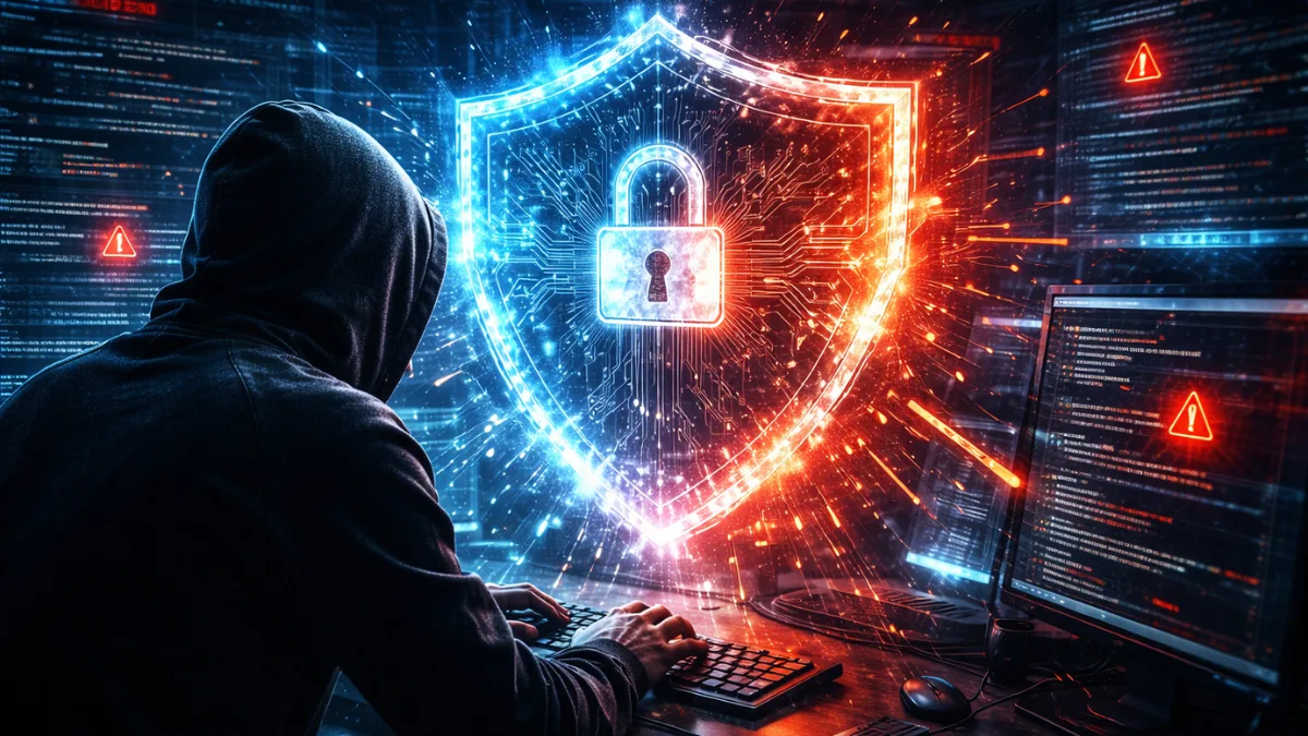 Hacker attacking digital network representing cybersecurity threats