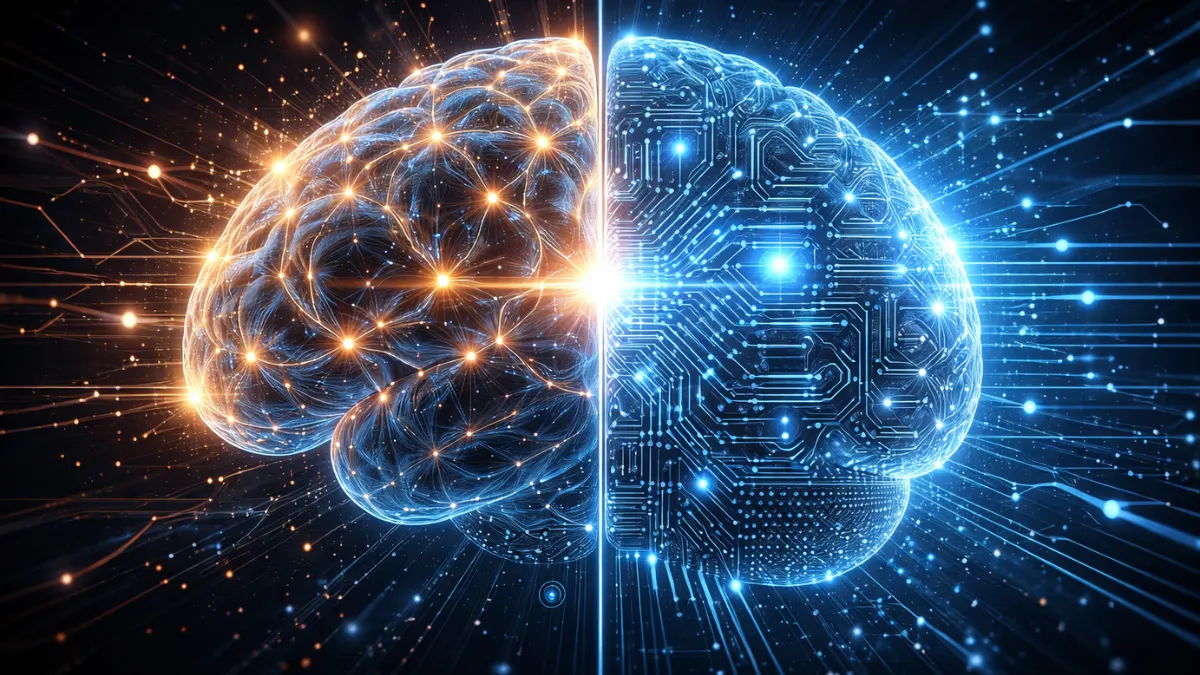 Human and artificial intelligence integration representing the global AI race