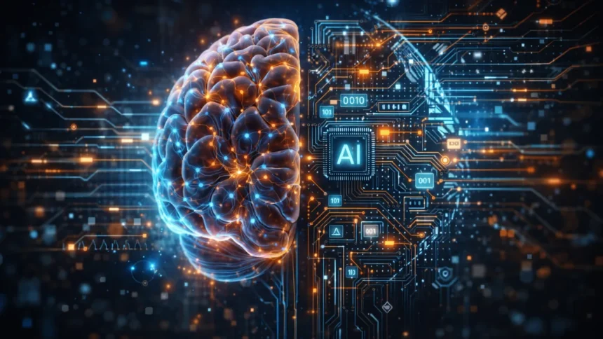 Human brain combined with AI algorithms visual concept