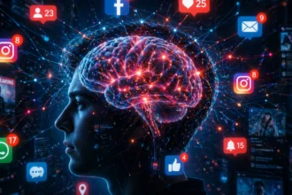 Human brain connected to digital network representing attention economy