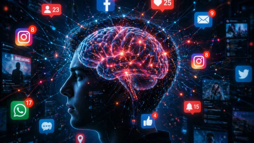 Human brain connected to digital network representing attention economy