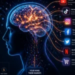 Human brain connected to digital platforms showing flow of attention and data
