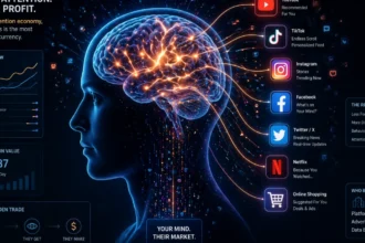 Human brain connected to digital platforms showing flow of attention and data