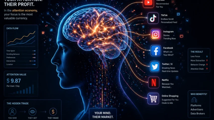 Human brain connected to digital platforms showing flow of attention and data