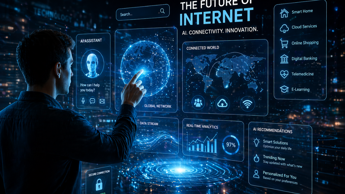 Human interacting with AI-powered future internet interface