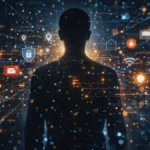 Human silhouette surrounded by digital data points symbolizing online privacy concerns