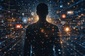 Human silhouette surrounded by digital data points symbolizing online privacy concerns