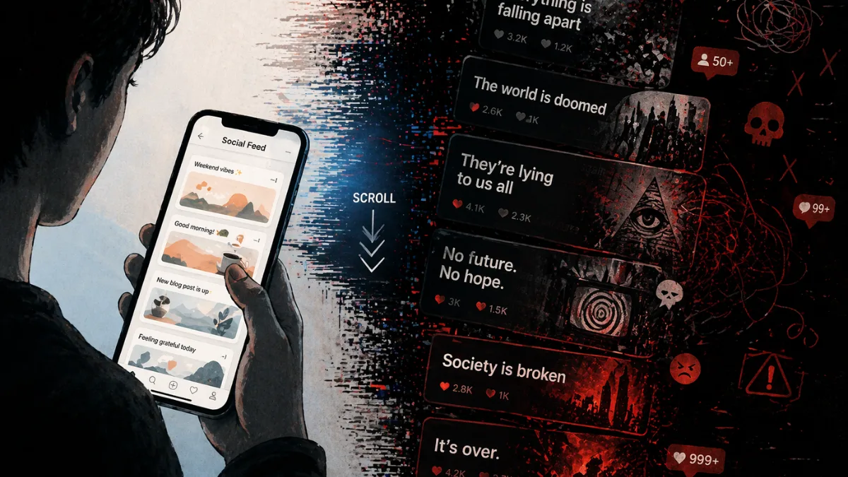 Illustration of Doomposting affecting online feed tone and user perception