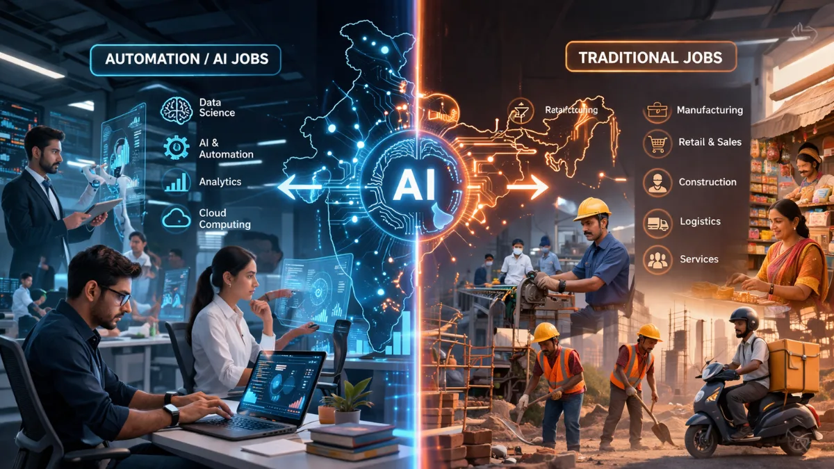 Impact of AI on Indian workforce showing job shift and automation