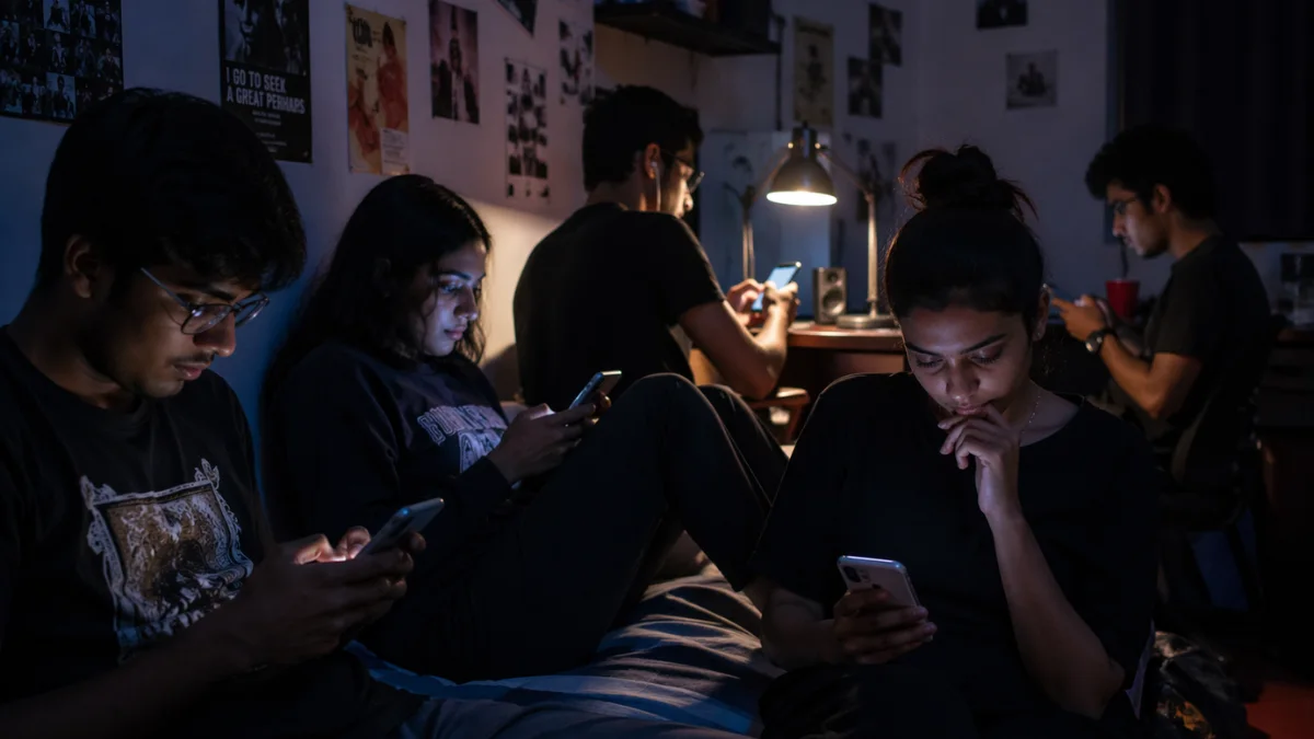 Indian youth engaged in social media late night showing digital addiction impact