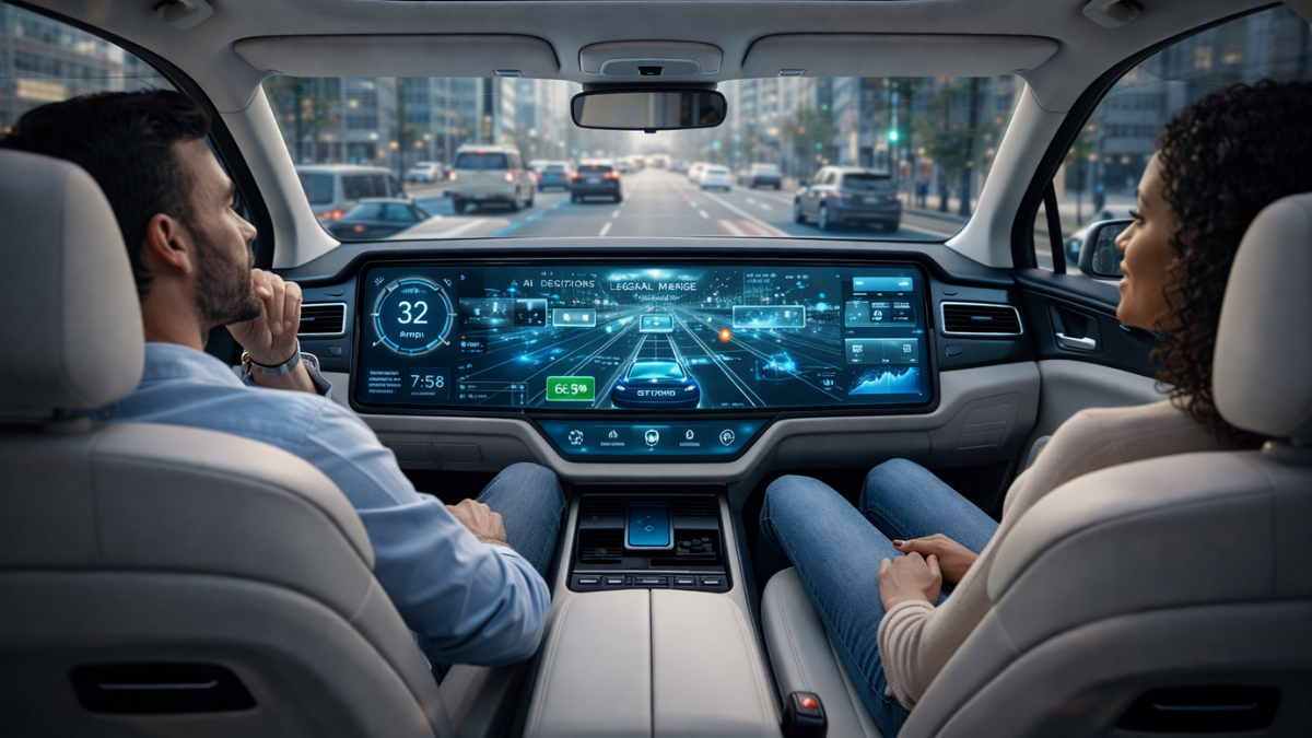 Inside a driverless car showing AI-controlled navigation and passenger comfort