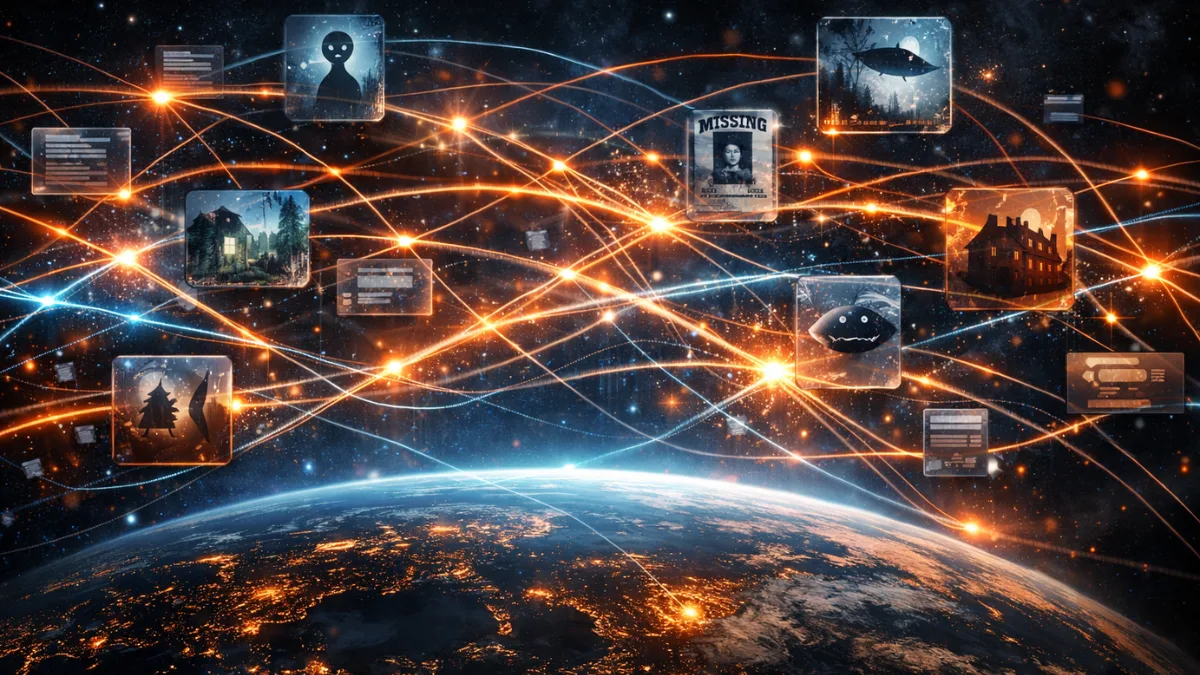 Internet Lore visualized as digital stories spreading across global network