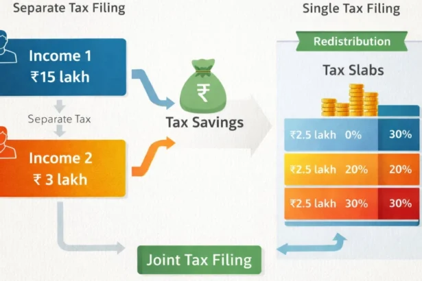 Joint tax filing concept showing combined income and tax slabs